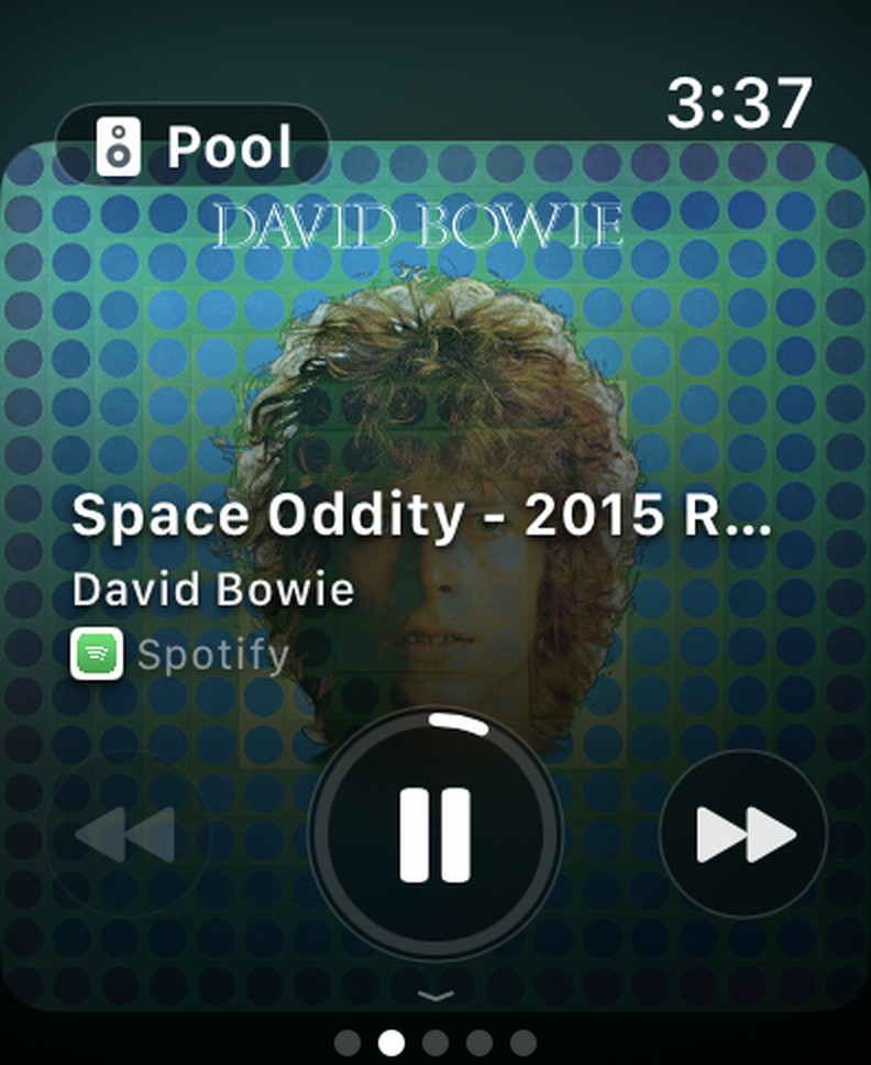 Now Playing on Apple Watch: album art, the room name, and transport controls